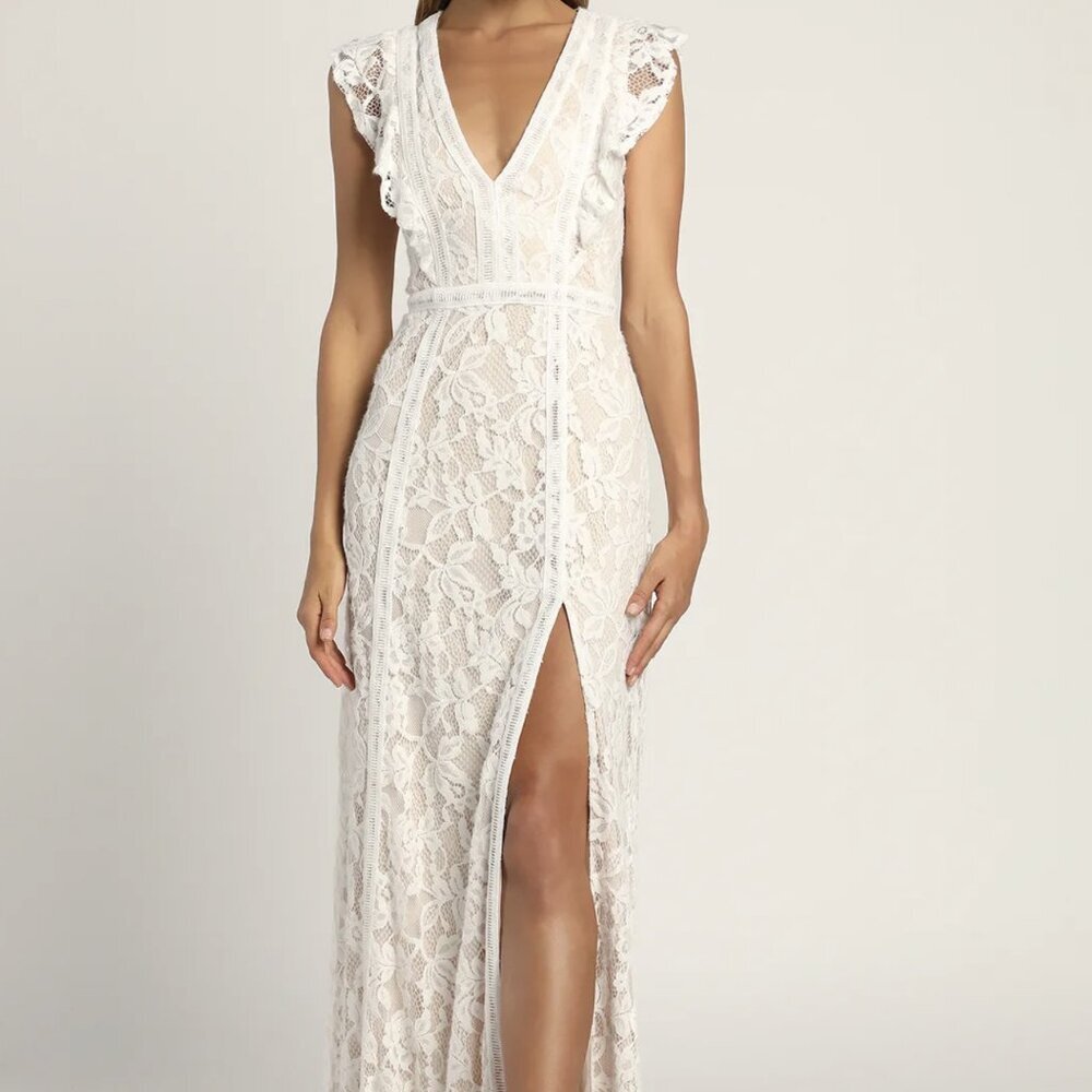 Lulu's White Lace Maxi Dress with V-Neck and Thigh Slit